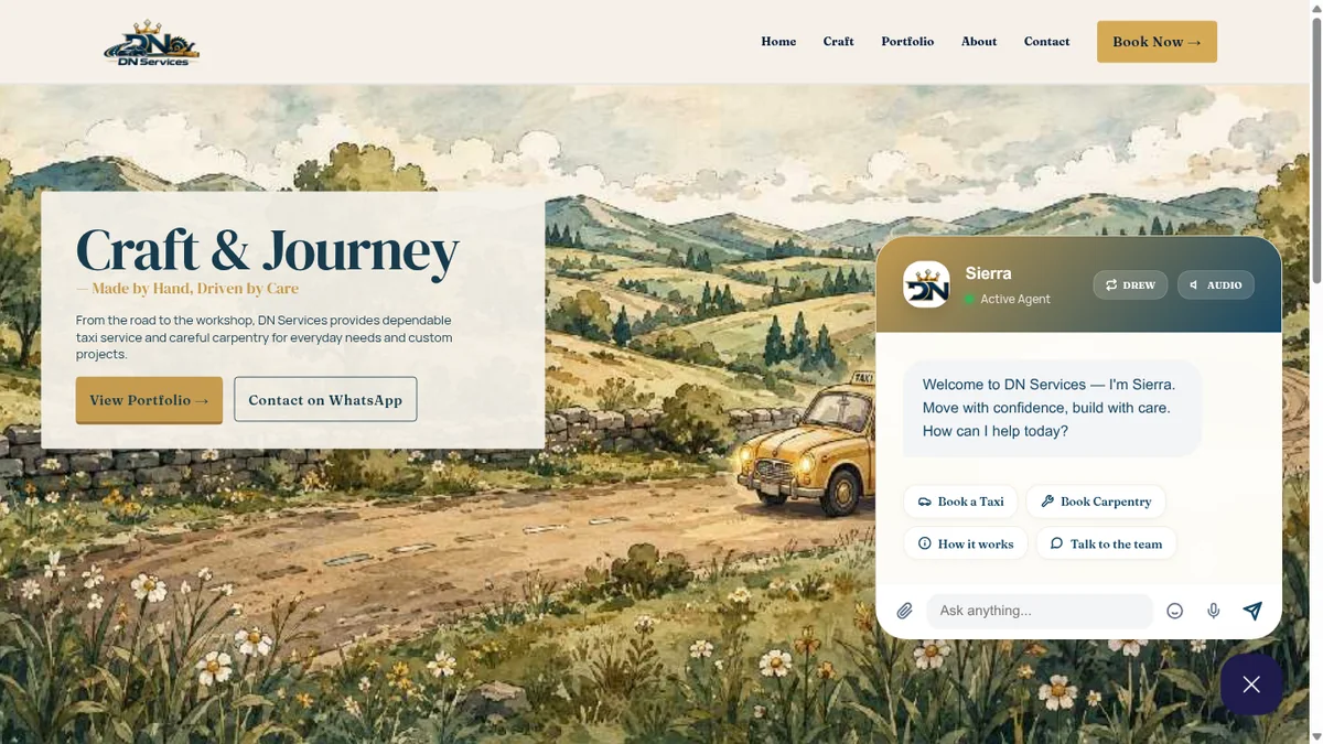 DN Services website preview showing its taxi and carpentry homepage.