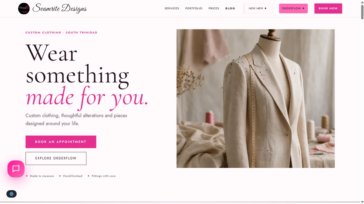 Seamrite Designs website preview showing its custom clothing homepage.